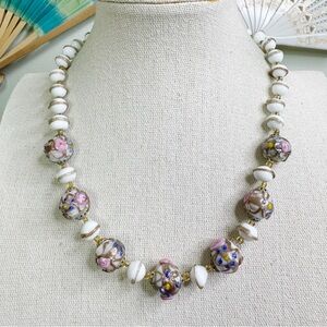 Wedding Cake Murano Beaded Necklace Gold Aventurine White Pink Roses Lamp Work